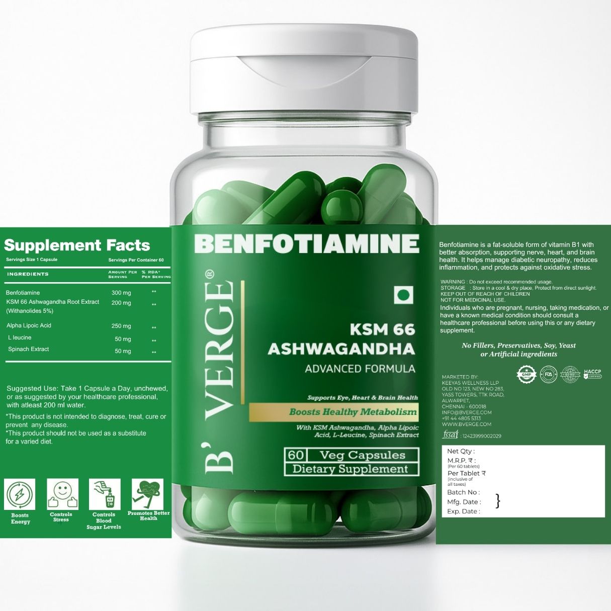 B'VERGE® Benfotiamine 300mg – Bioactive Vitamin B1 with KSM-66® Ashwagandha | Supports Nerve Damage Repair | Supports Blood Sugar Balance | Fights Sugar Damage, Boosts Energy & Reduces Stress