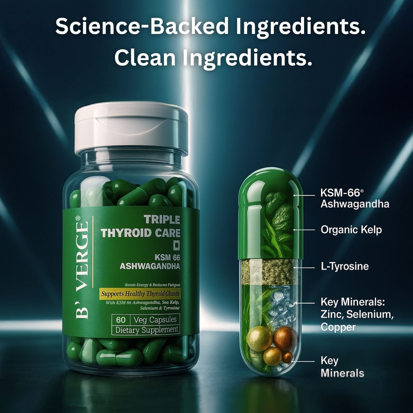 B'VERGE® Ashwagandha ksm66 Thyroid Supplement | Fast-Acting Formula | Enriched with Sea Kelp, Zinc, Selenium & L-Tyrosine | Promotes Healthy Thyroid Function