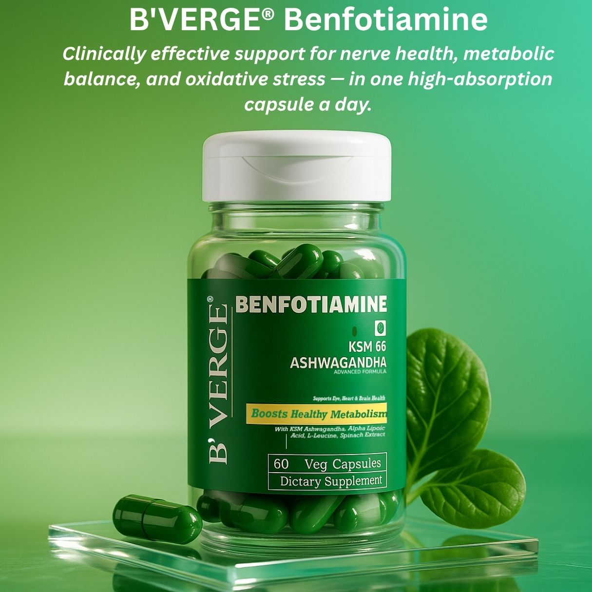 B'VERGE® Benfotiamine 300mg – Bioactive Vitamin B1 with KSM-66® Ashwagandha | Supports Nerve Damage Repair | Supports Blood Sugar Balance | Fights Sugar Damage, Boosts Energy & Reduces Stress