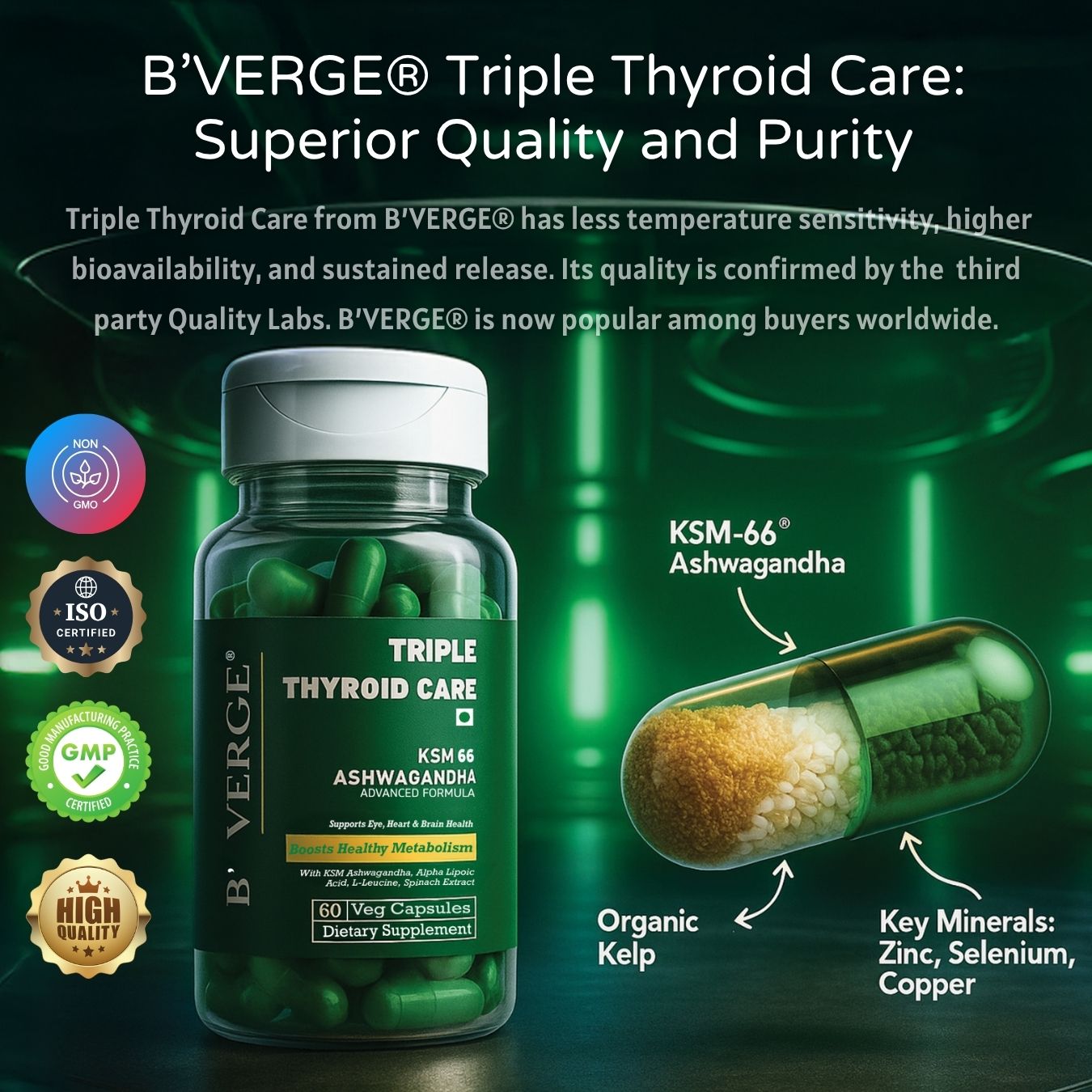 B'VERGE® Ashwagandha ksm66 Thyroid Supplement | Fast-Acting Formula | Enriched with Sea Kelp, Zinc, Selenium & L-Tyrosine | Promotes Healthy Thyroid Function