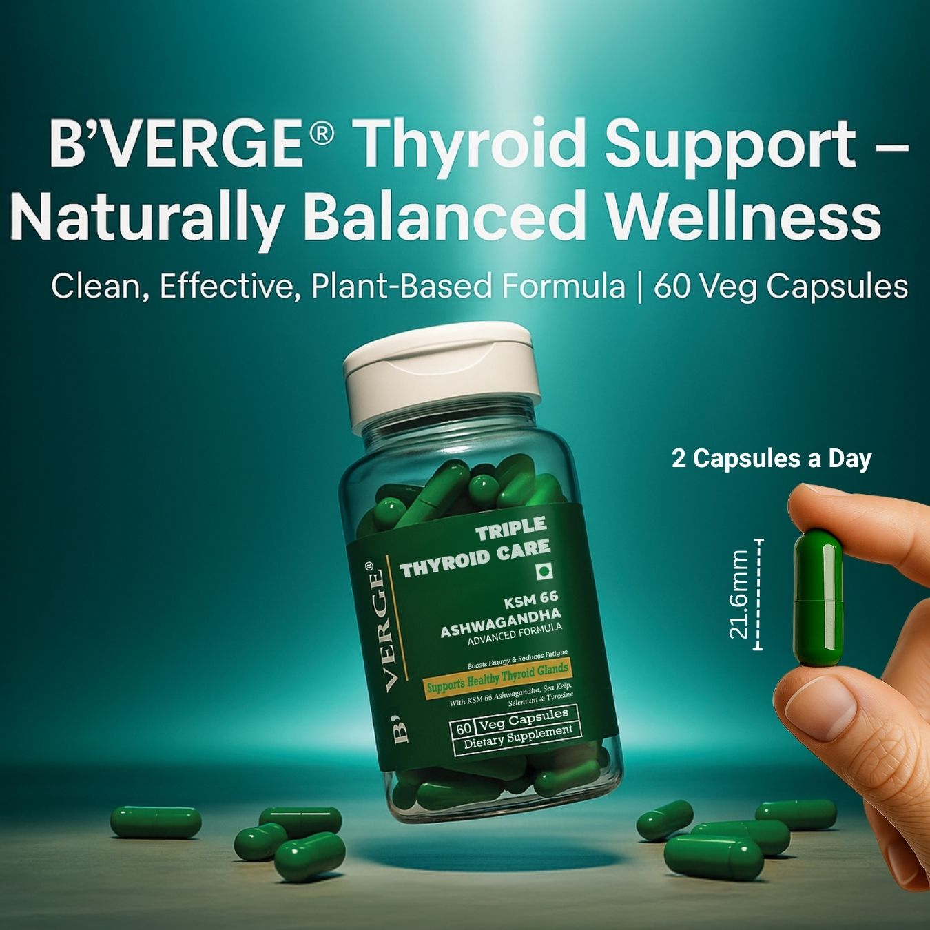 B'VERGE® Ashwagandha ksm66 Thyroid Supplement | Fast-Acting Formula | Enriched with Sea Kelp, Zinc, Selenium & L-Tyrosine | Promotes Healthy Thyroid Function