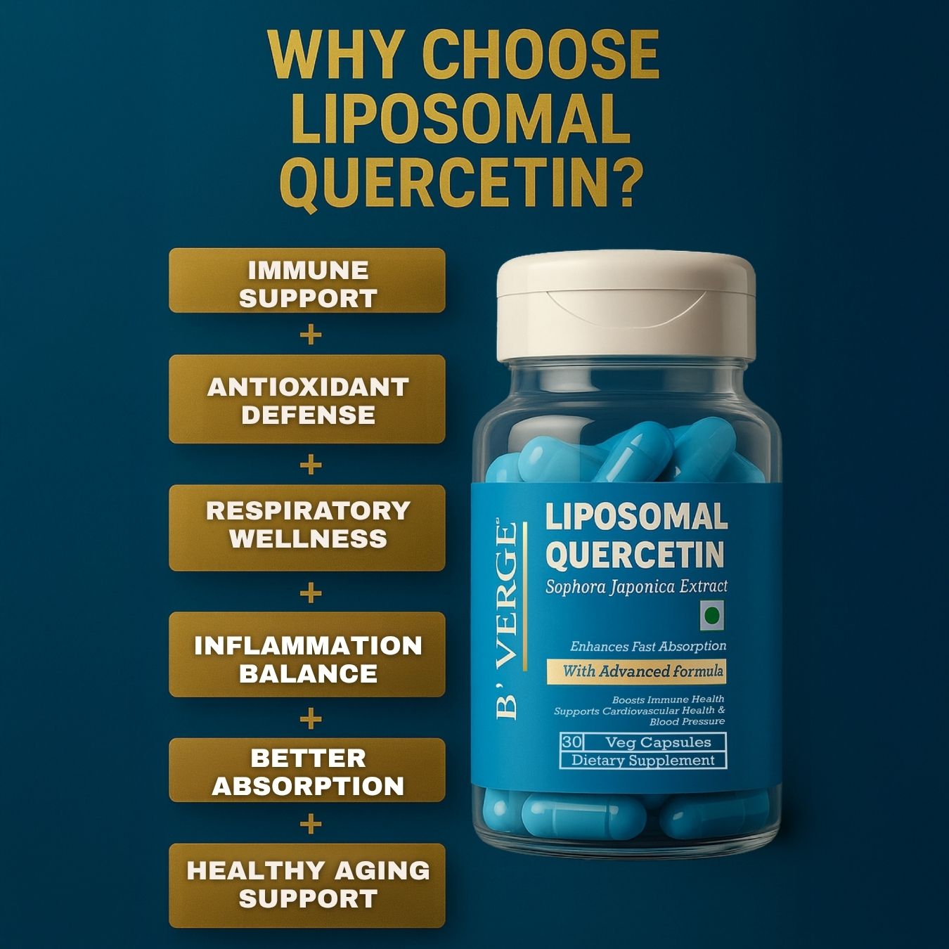 B'VERGE® Liposomal Quercetin Supplement | Highest Absorption | Supports Respiratory, Heart, Joint Health & Antioxidant Protection | NON-GMO