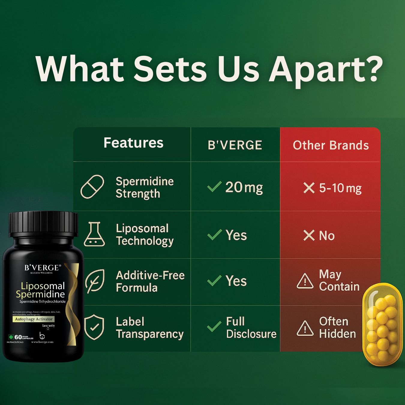 B'Verge® Liposomal Spermidine Supplement | Supports Autophagy, boosts longevity, immunity, and skin & heart vitality | 60 Veg Capsules