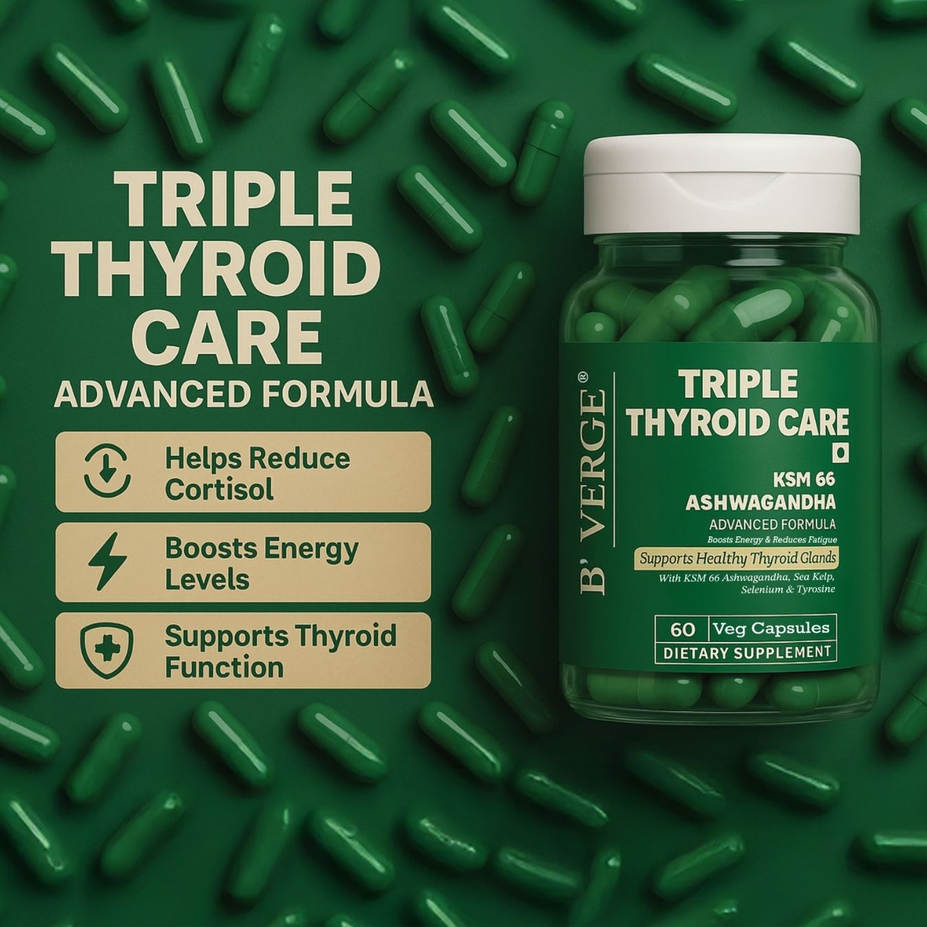 B'VERGE® Ashwagandha ksm66 Thyroid Supplement | Fast-Acting Formula | Enriched with Sea Kelp, Zinc, Selenium & L-Tyrosine | Promotes Healthy Thyroid Function