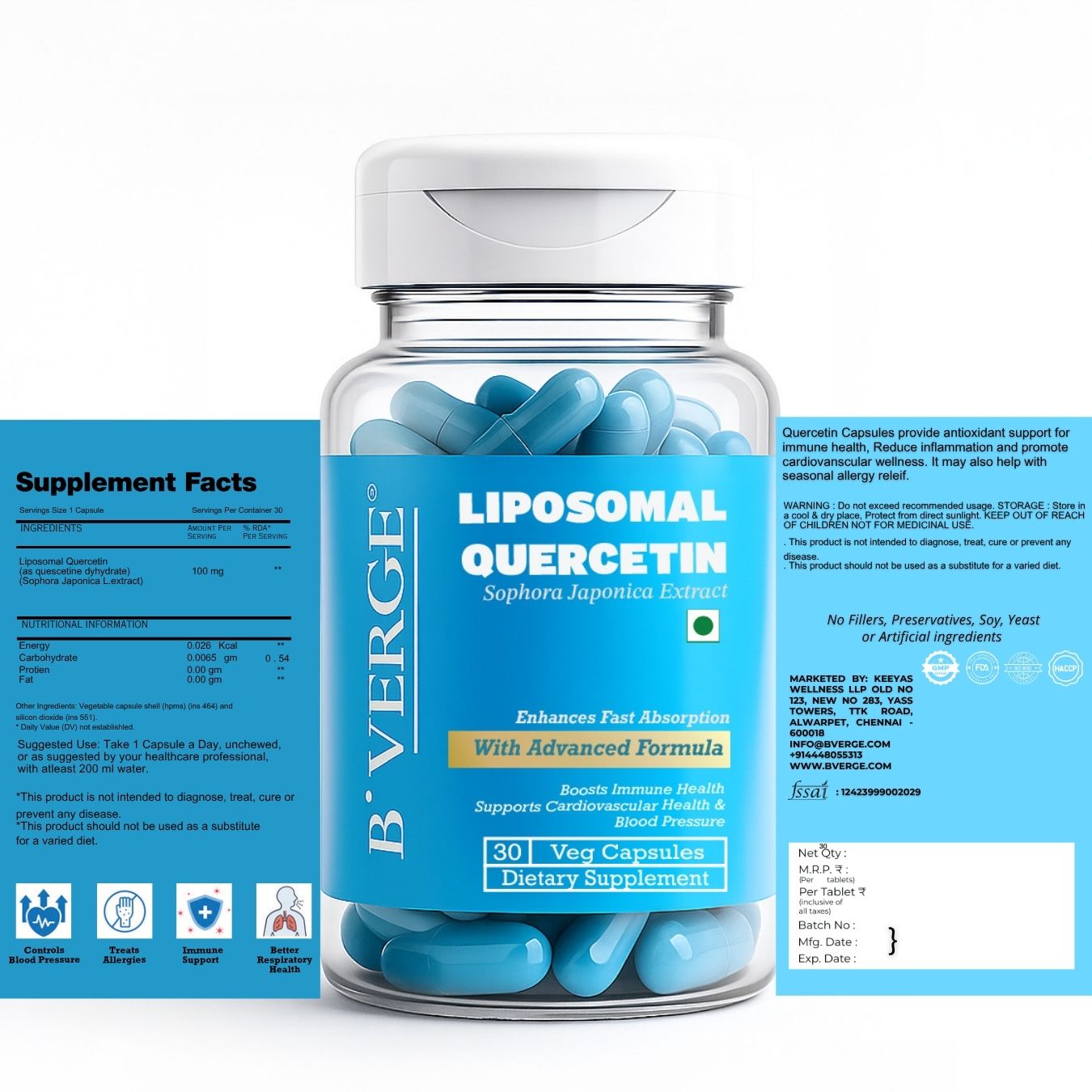 B'VERGE® Liposomal Quercetin Supplement | Highest Absorption | Supports Respiratory, Heart, Joint Health & Antioxidant Protection | NON-GMO