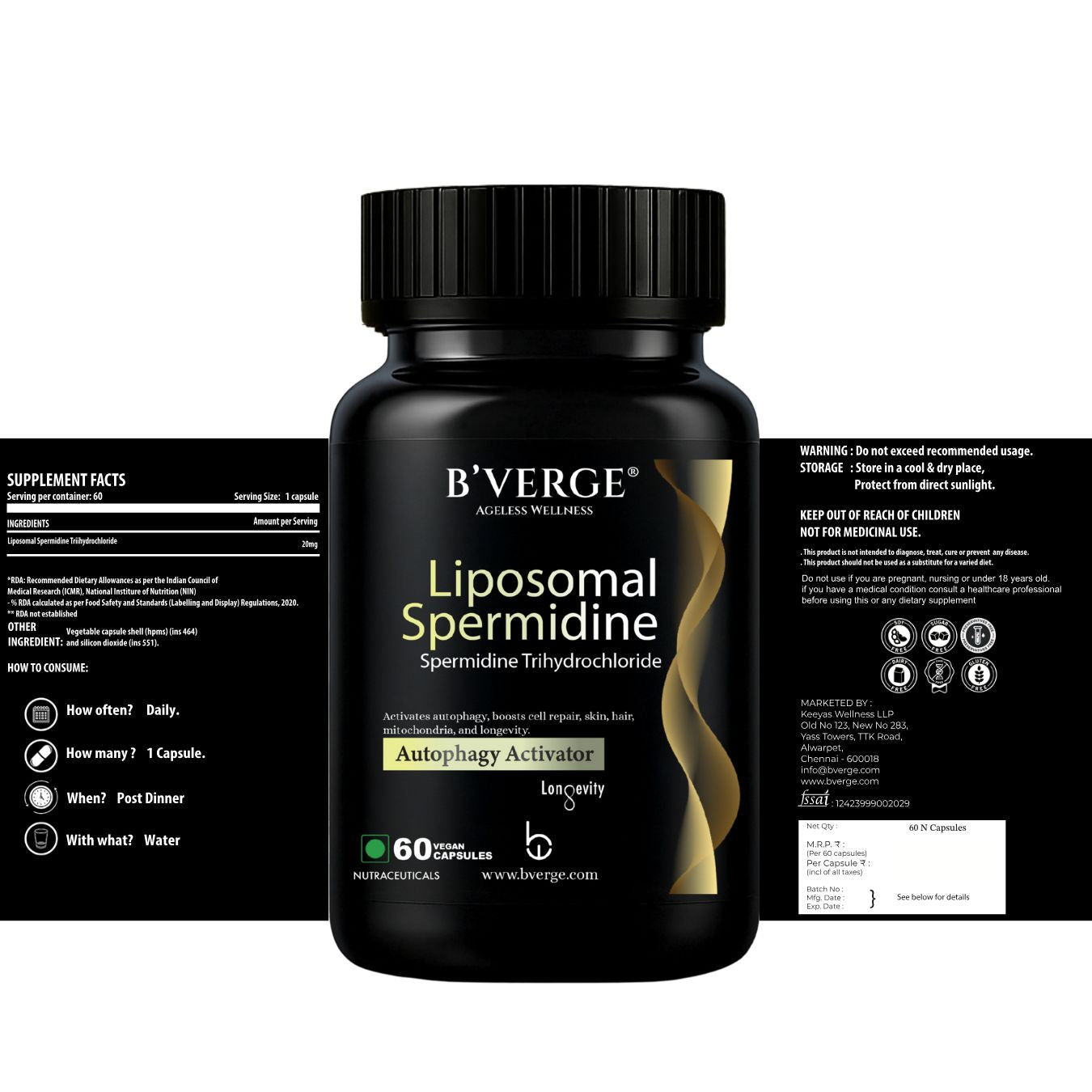 B'Verge® Liposomal Spermidine Supplement | Supports Autophagy, boosts longevity, immunity, and skin & heart vitality | 60 Veg Capsules