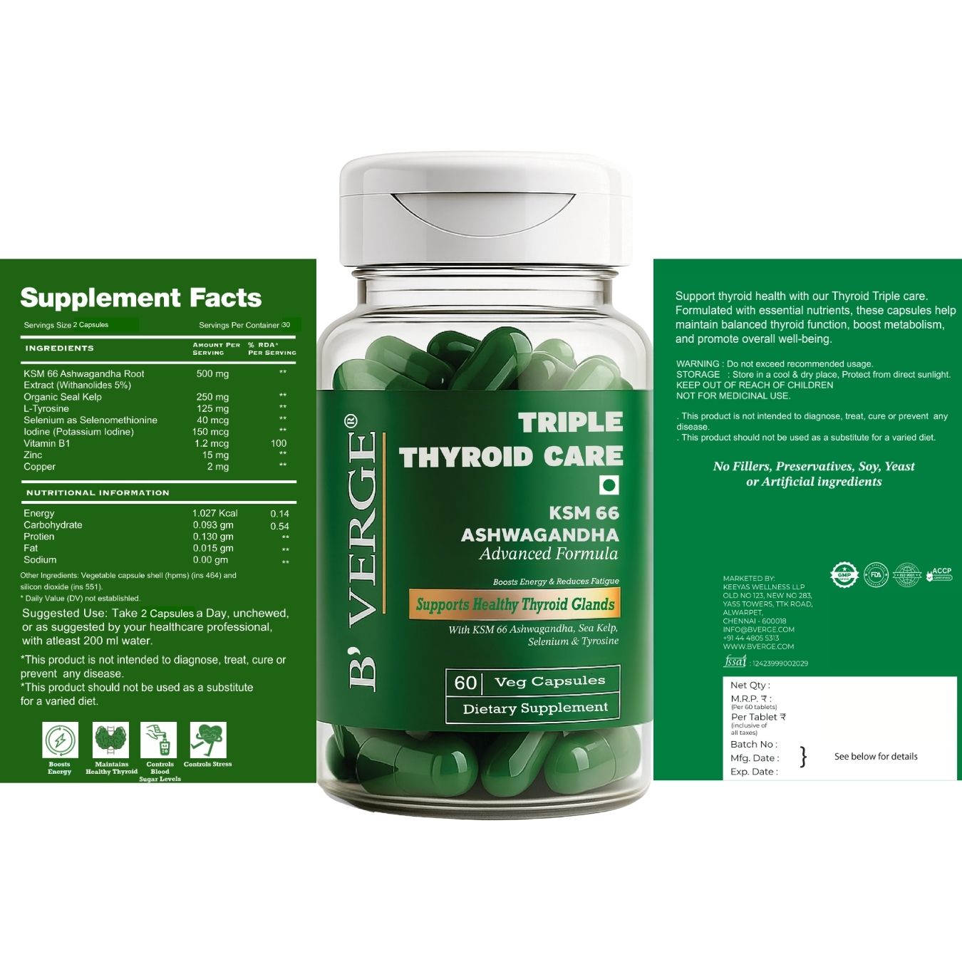 B'VERGE® Ashwagandha ksm66 Thyroid Supplement | Fast-Acting Formula | Enriched with Sea Kelp, Zinc, Selenium & L-Tyrosine | Promotes Healthy Thyroid Function