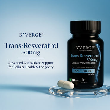 B'VERGE® Trans-Resveratrol 500mg | High-Purity Polyphenol | Supports Longevity, Cellular Health & Heart Function | 60 Capsules