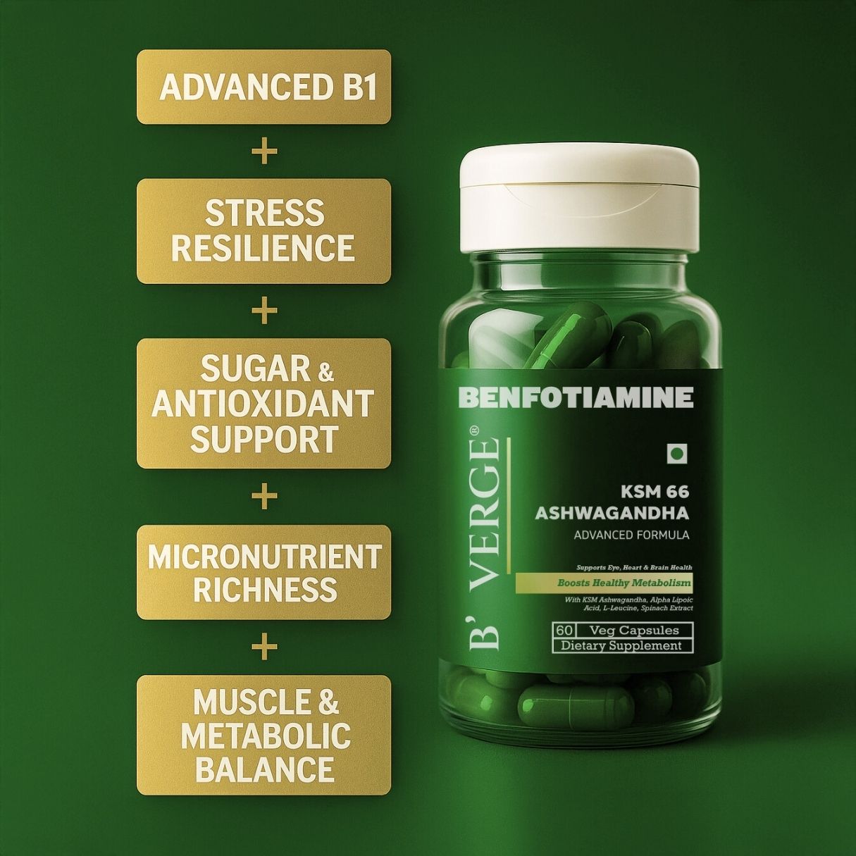 B'VERGE® Benfotiamine 300mg – Bioactive Vitamin B1 with KSM-66® Ashwagandha | Supports Nerve Damage Repair | Supports Blood Sugar Balance | Fights Sugar Damage, Boosts Energy & Reduces Stress