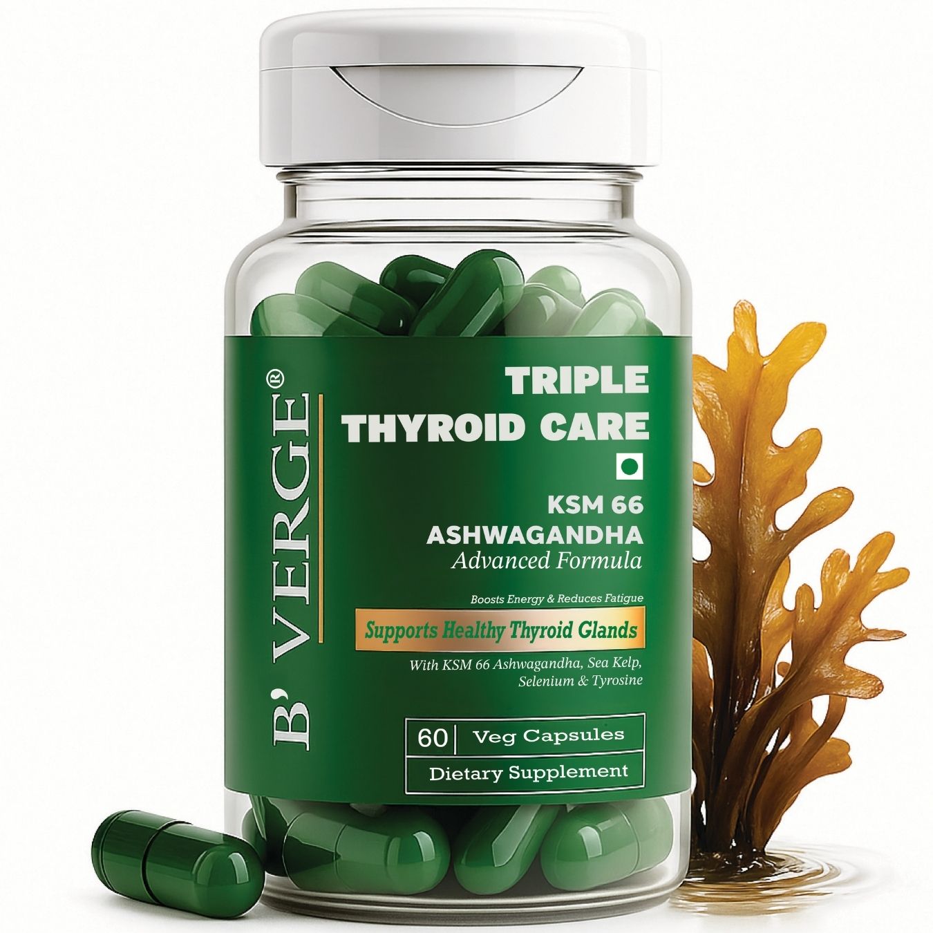 B'VERGE® Ashwagandha ksm66 Thyroid Supplement | Fast-Acting Formula | Enriched with Sea Kelp, Zinc, Selenium & L-Tyrosine | Promotes Healthy Thyroid Function