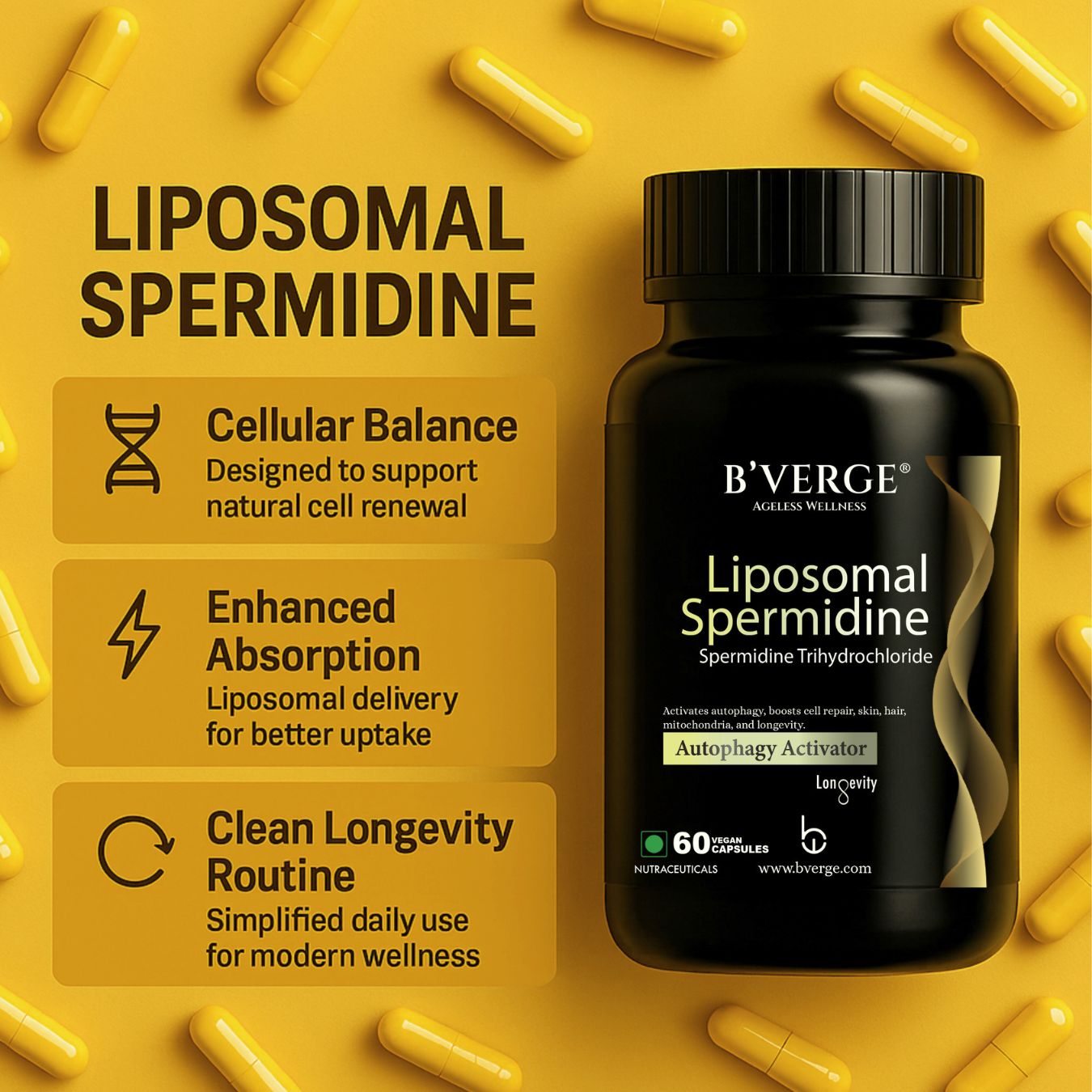 B'Verge® Liposomal Spermidine Supplement | Supports Autophagy, boosts longevity, immunity, and skin & heart vitality | 60 Veg Capsules