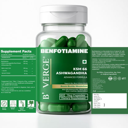 B'VERGE® Benfotiamine 300mg – Bioactive Vitamin B1 with KSM-66® Ashwagandha | Supports Nerve Damage Repair | Supports Blood Sugar Balance | Fights Sugar Damage, Boosts Energy & Reduces Stress
