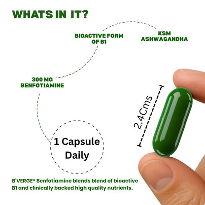 B'VERGE® Benfotiamine 300mg – Bioactive Vitamin B1 with KSM-66® Ashwagandha | Supports Nerve Damage Repair | Supports Blood Sugar Balance | Fights Sugar Damage, Boosts Energy & Reduces Stress