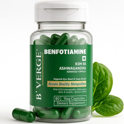B'VERGE® Benfotiamine 300mg – Bioactive Vitamin B1 with KSM-66® Ashwagandha | Supports Nerve Damage Repair | Supports Blood Sugar Balance | Fights Sugar Damage, Boosts Energy & Reduces Stress