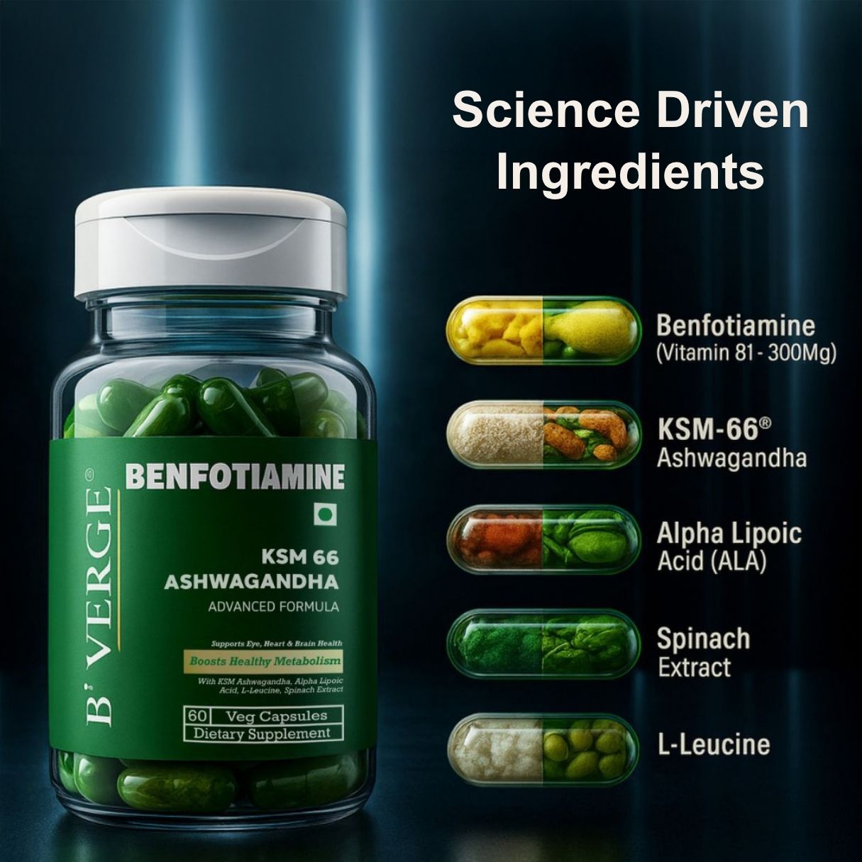 B'VERGE® Benfotiamine 300mg – Bioactive Vitamin B1 with KSM-66® Ashwagandha | Supports Nerve Damage Repair | Supports Blood Sugar Balance | Fights Sugar Damage, Boosts Energy & Reduces Stress
