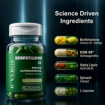B'VERGE® Benfotiamine 300mg – Bioactive Vitamin B1 with KSM-66® Ashwagandha | Supports Nerve Damage Repair | Supports Blood Sugar Balance | Fights Sugar Damage, Boosts Energy & Reduces Stress