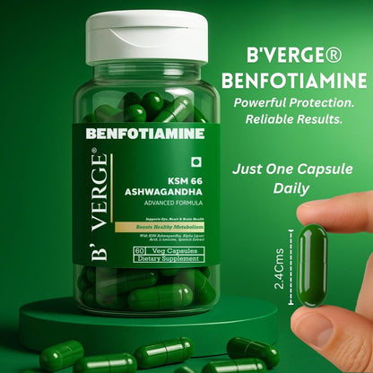B'VERGE® Benfotiamine 300mg – Bioactive Vitamin B1 with KSM-66® Ashwagandha | Supports Nerve Damage Repair | Supports Blood Sugar Balance | Fights Sugar Damage, Boosts Energy & Reduces Stress