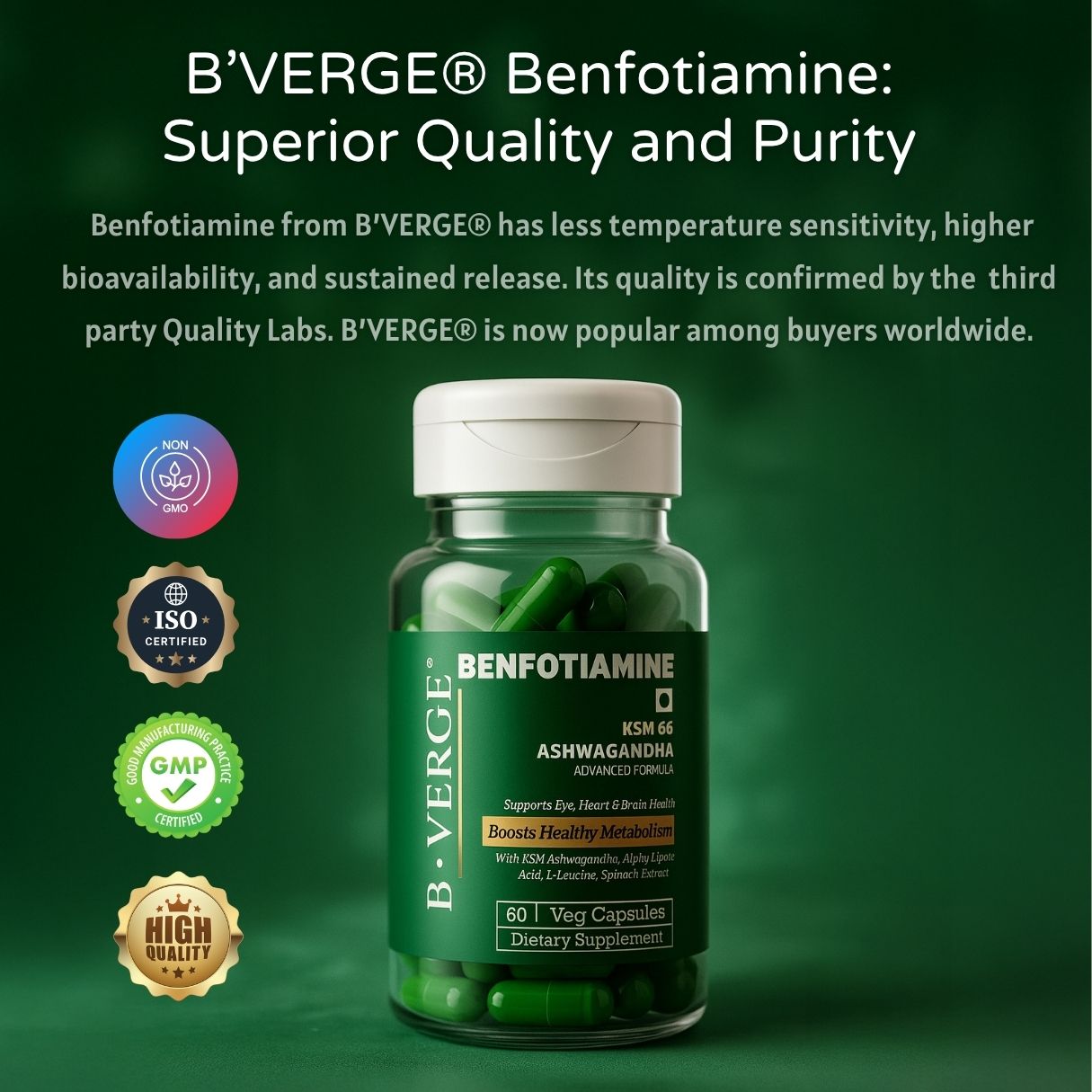 B'VERGE® Benfotiamine 300mg – Bioactive Vitamin B1 with KSM-66® Ashwagandha | Supports Nerve Damage Repair | Supports Blood Sugar Balance | Fights Sugar Damage, Boosts Energy & Reduces Stress
