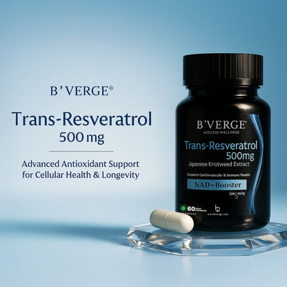 B'VERGE® Trans-Resveratrol 500mg | High-Purity Polyphenol | Supports Longevity, Cellular Health & Heart Function | 60 Capsules