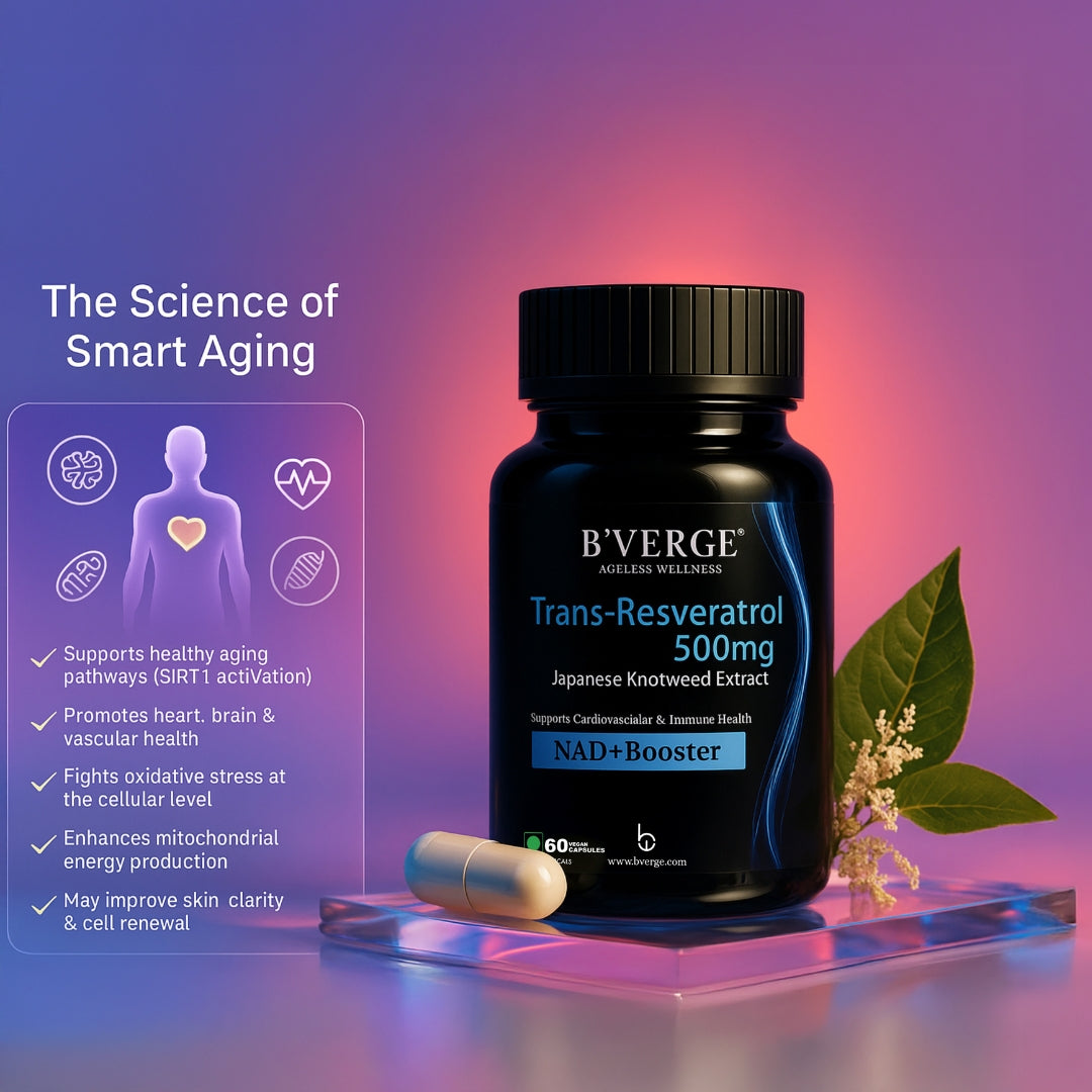 B'VERGE® Trans-Resveratrol 500mg | High-Purity Polyphenol | Supports Longevity, Cellular Health & Heart Function | 60 Capsules