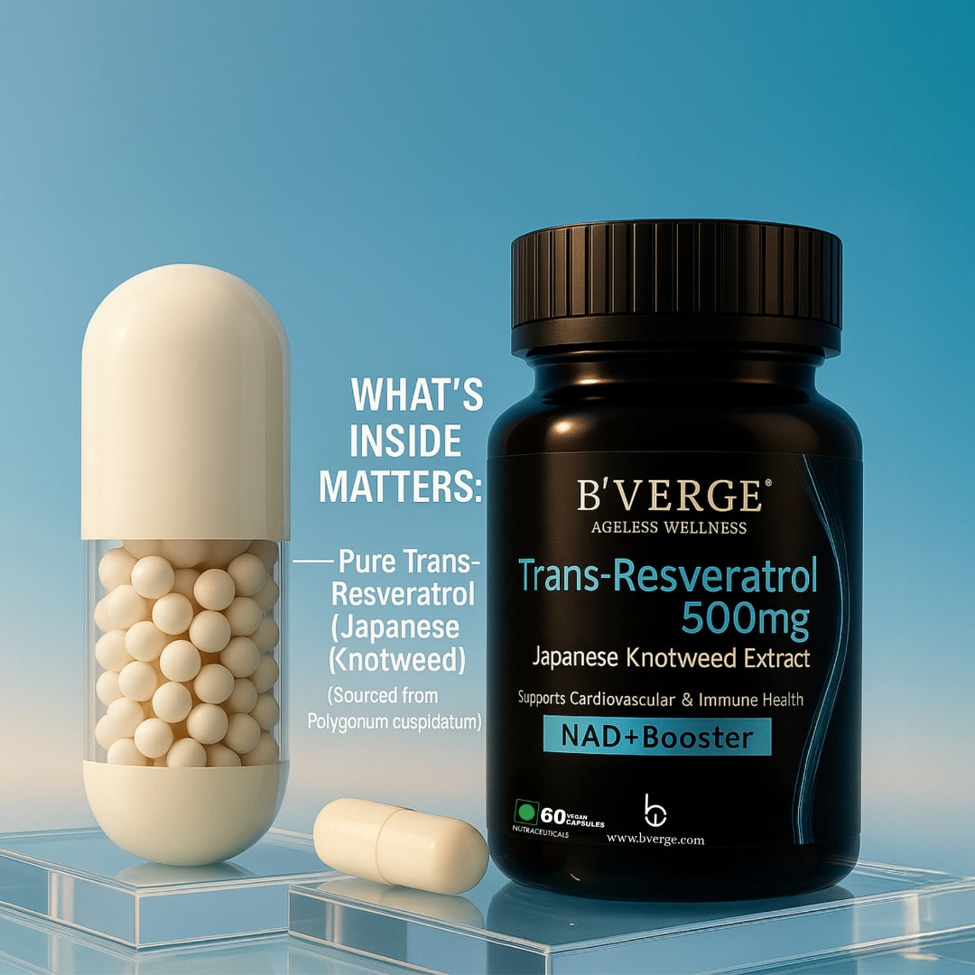 B'VERGE® Trans-Resveratrol 500mg | High-Purity Polyphenol | Supports Longevity, Cellular Health & Heart Function | 60 Capsules