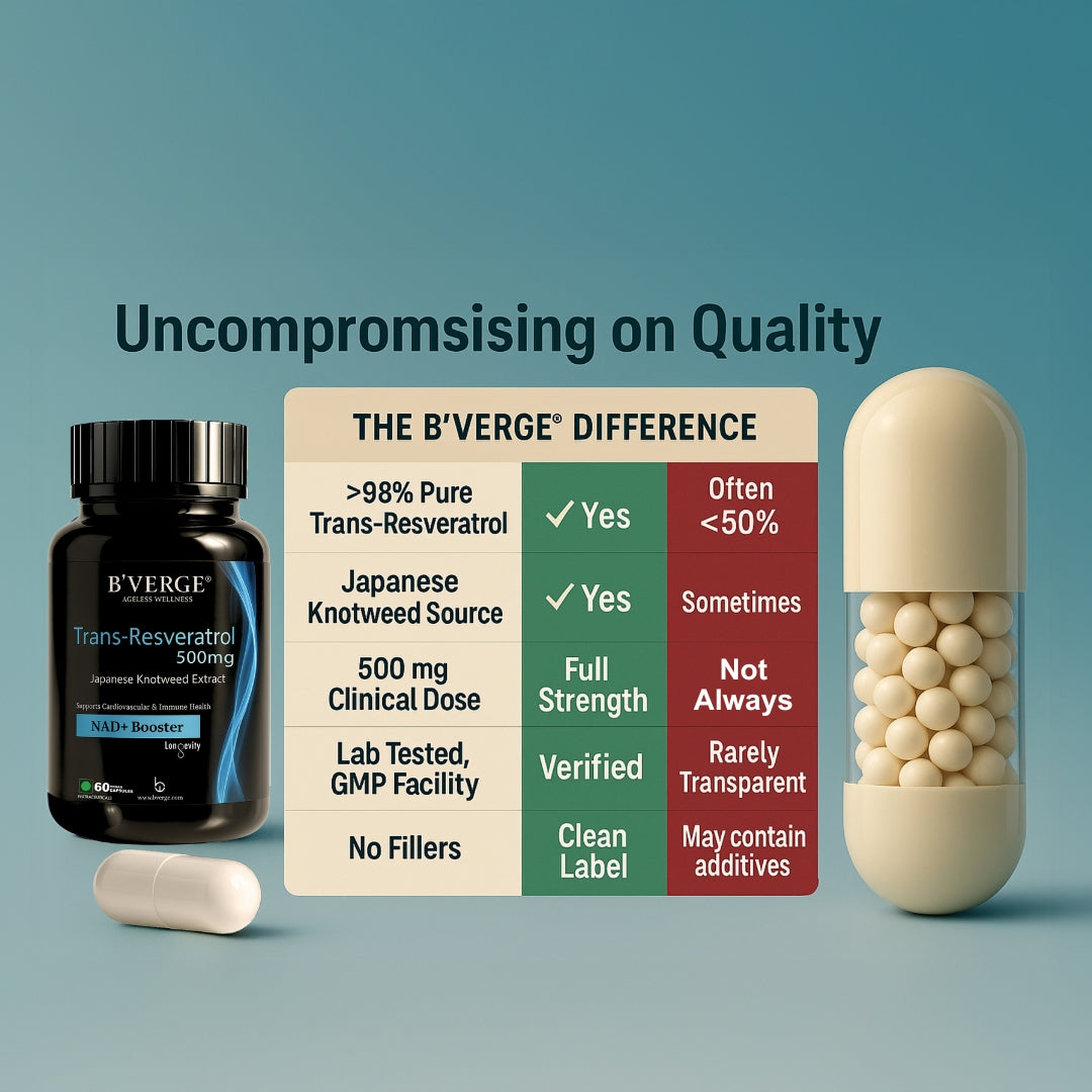 B'VERGE® Trans-Resveratrol 500mg | High-Purity Polyphenol | Supports Longevity, Cellular Health & Heart Function | 60 Capsules