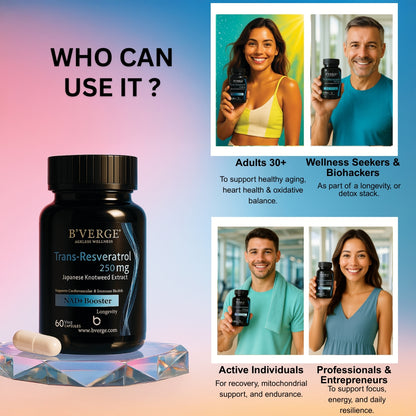 B'VERGE® Trans-Resveratrol 500mg | High-Purity Polyphenol | Supports Longevity, Cellular Health & Heart Function | 60 Capsules