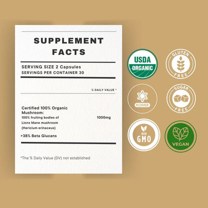 B'VERGE® Lions Mane - 500mg, 60 Veg Capsules